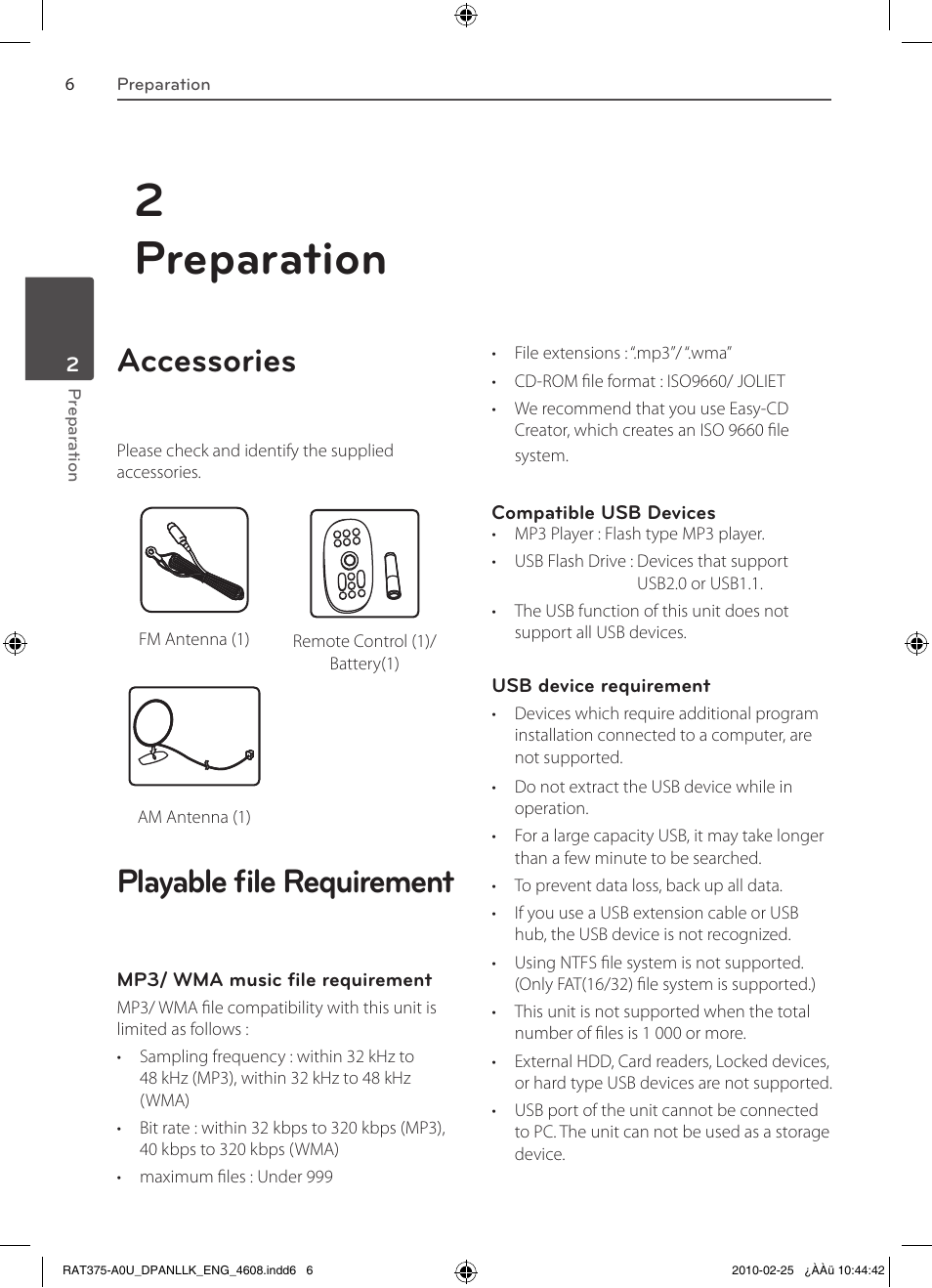 2preparation, Accessories, Playable file requirement | LG RAS375BF User Manual | Page 6 / 23