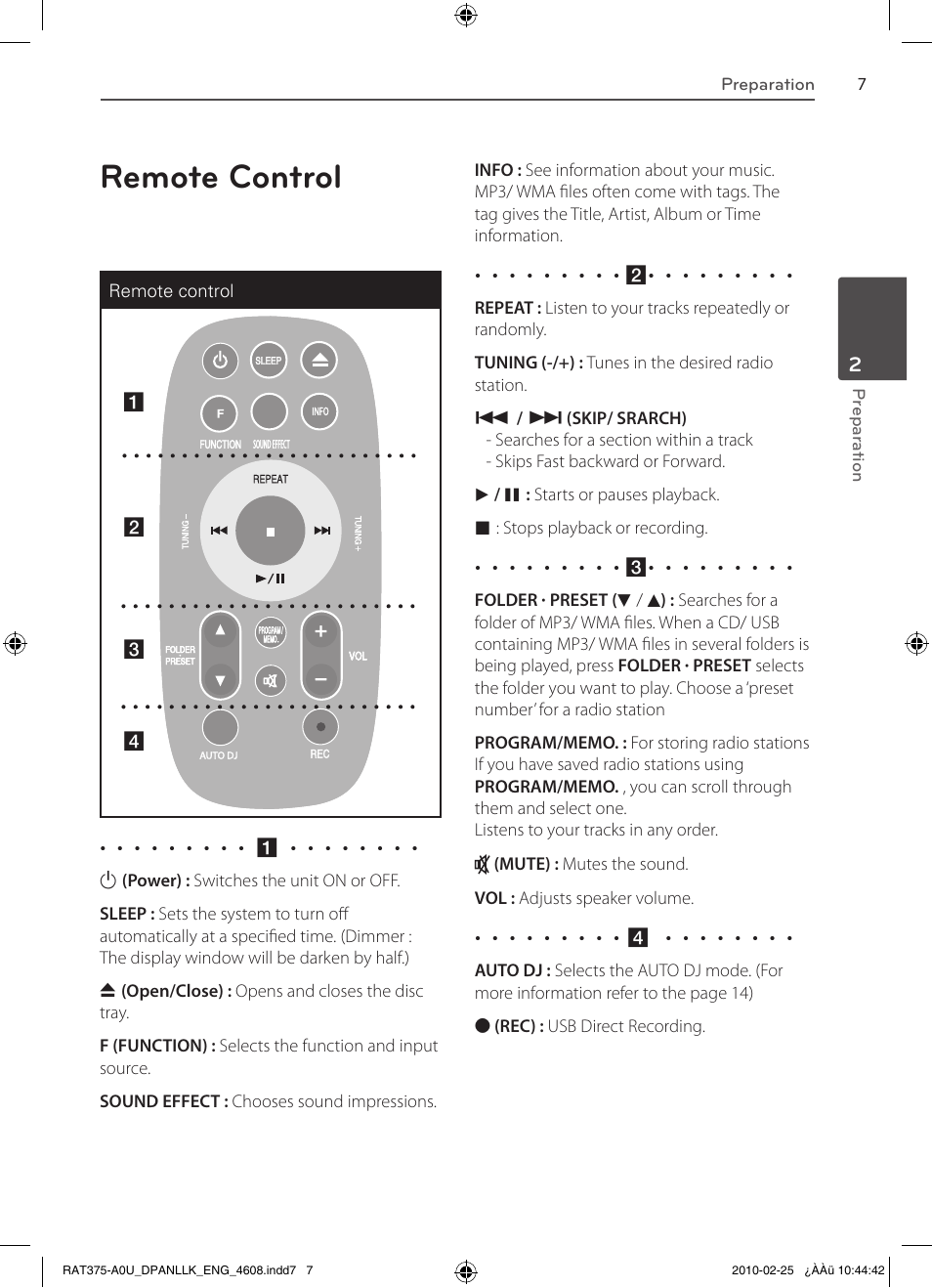 Remote control | LG RAS375BF User Manual | Page 7 / 23