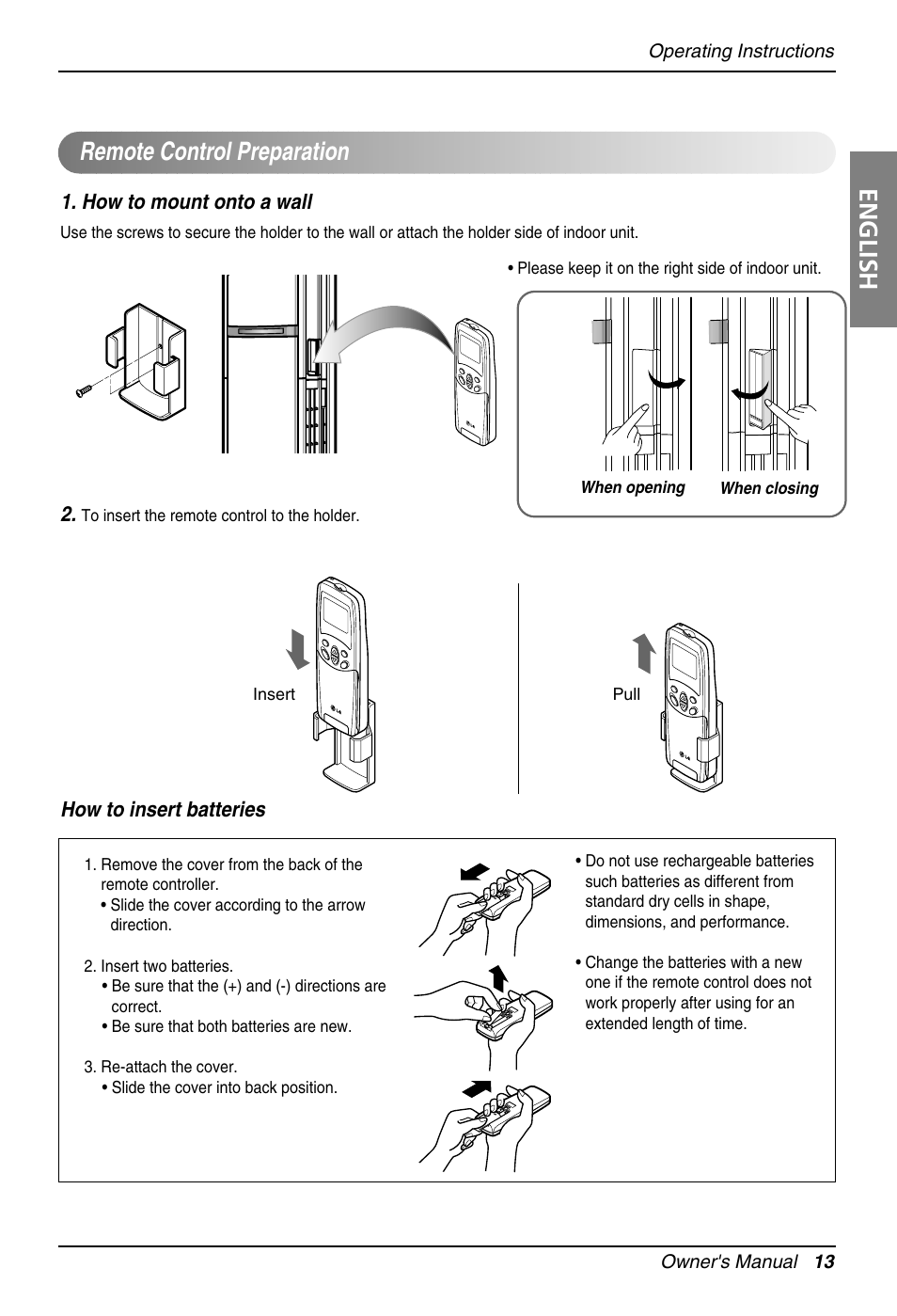 English, Remote control preparation, How to mount onto a wall 2 | How to insert batteries | LG Floor Standing Type Air Conditioner User Manual | Page 13 / 30