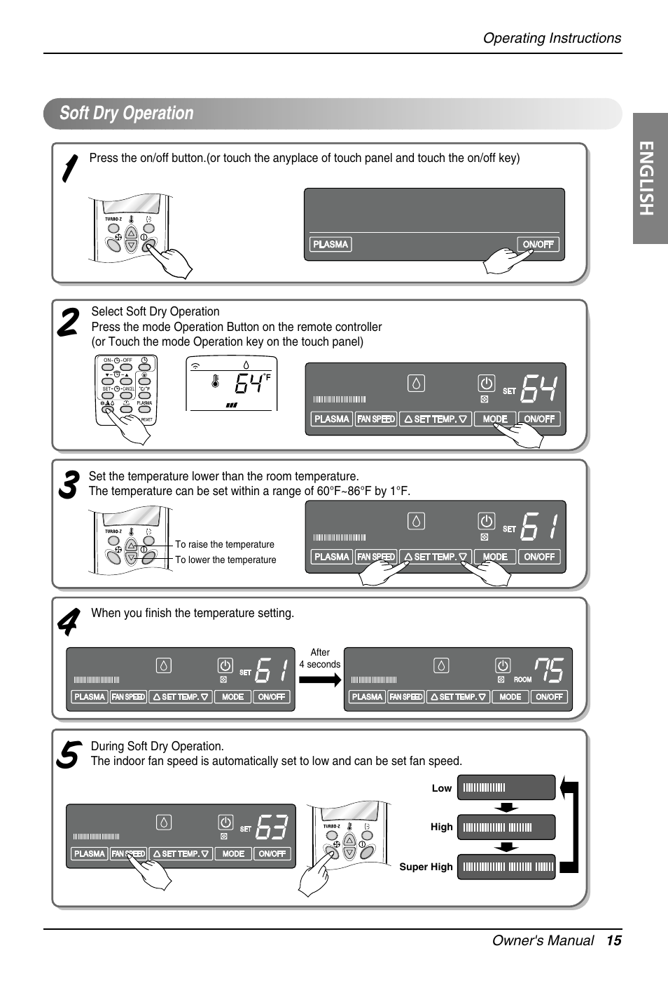 English, Soft dry operation | LG Floor Standing Type Air Conditioner User Manual | Page 15 / 30