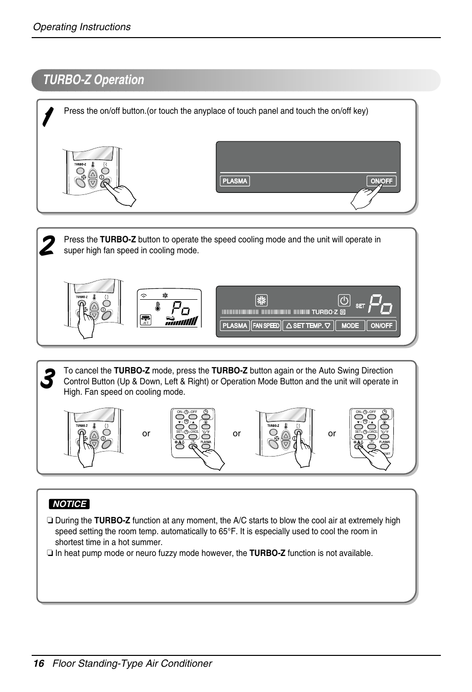 Turbo-z operation | LG Floor Standing Type Air Conditioner User Manual | Page 16 / 30