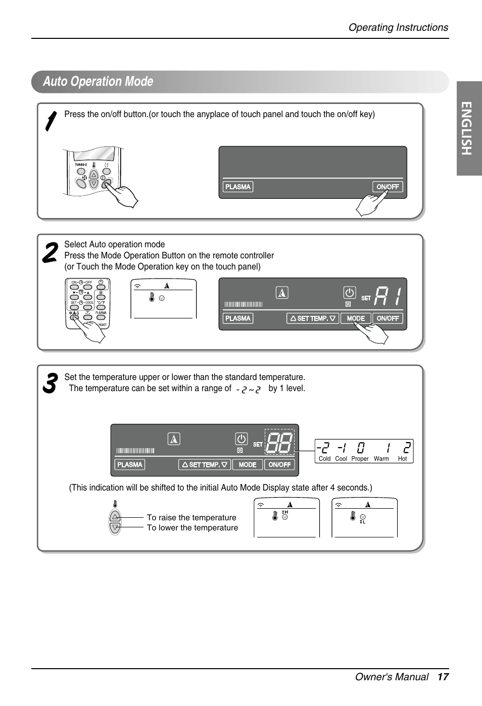 English, Auto operation mode | LG Floor Standing Type Air Conditioner User Manual | Page 17 / 30