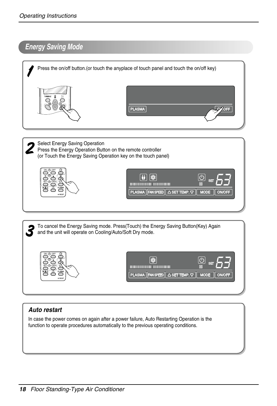 Energy saving mode, Auto restart | LG Floor Standing Type Air Conditioner User Manual | Page 18 / 30