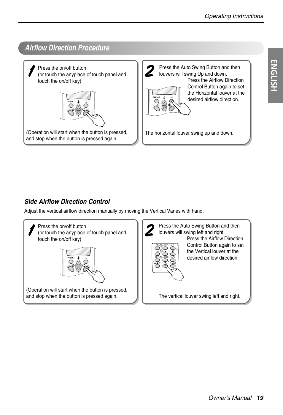 English, Airflow direction procedure | LG Floor Standing Type Air Conditioner User Manual | Page 19 / 30