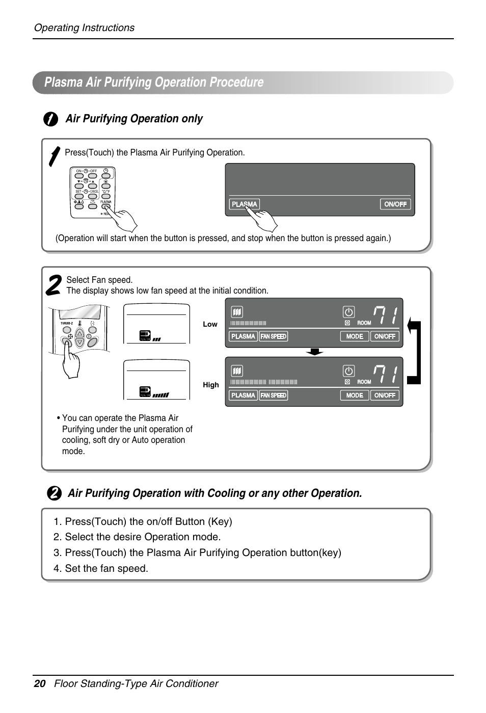 Plasma air purifying operation procedure | LG Floor Standing Type Air Conditioner User Manual | Page 20 / 30