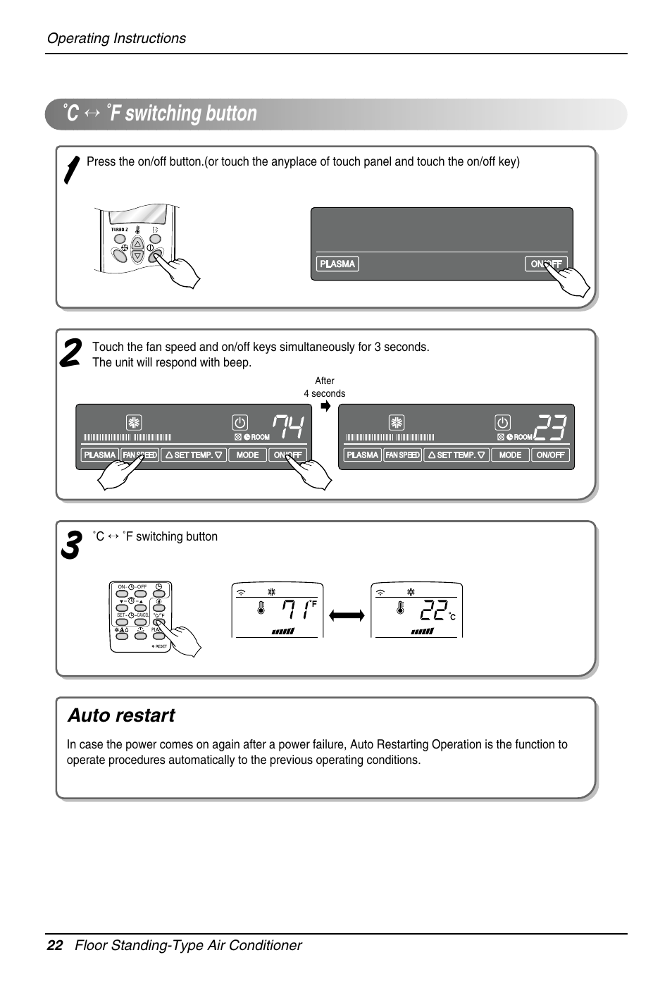 C ↔ ˚f switching button, Auto restart | LG Floor Standing Type Air Conditioner User Manual | Page 22 / 30
