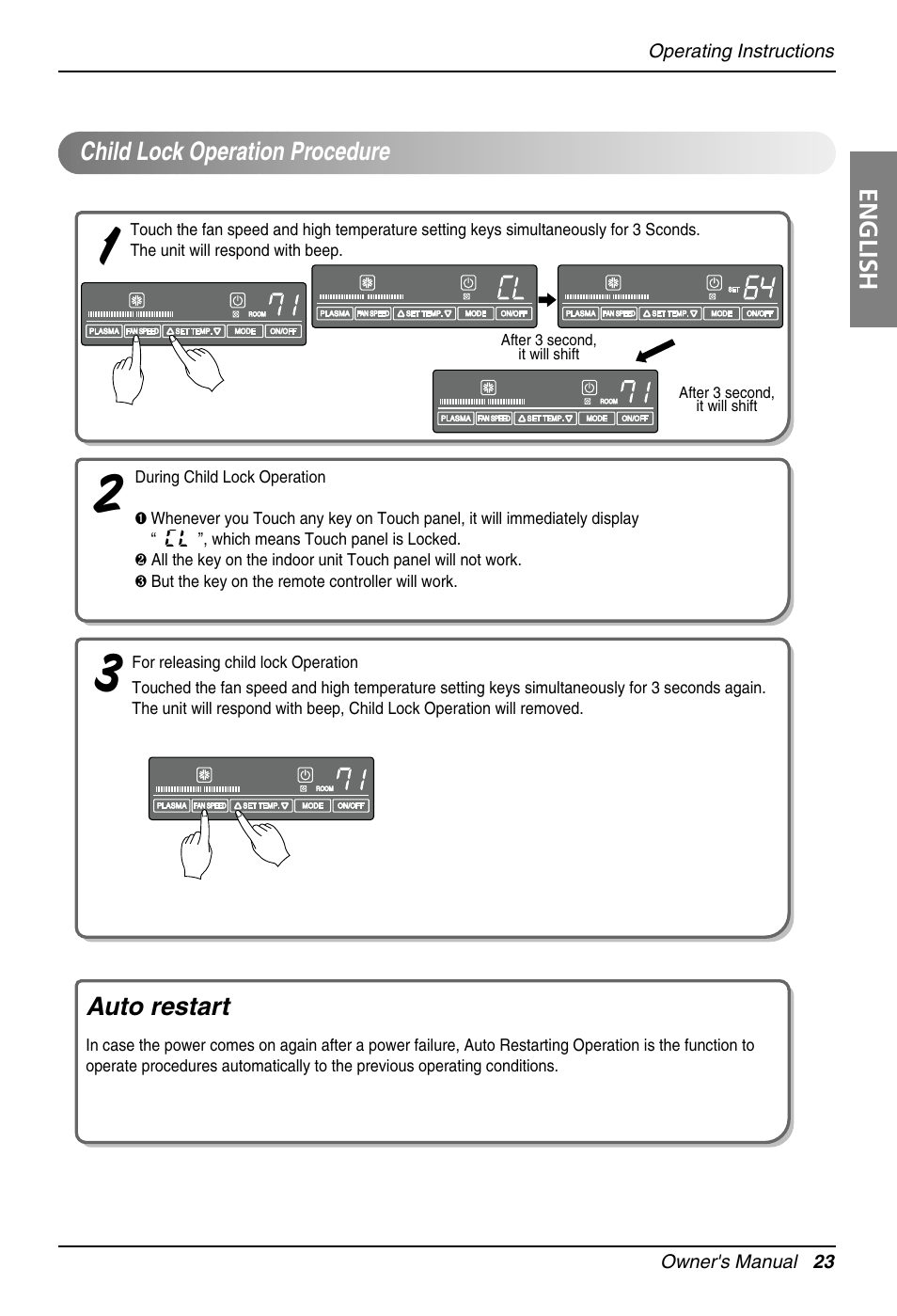 English, Child lock operation procedure, Auto restart | LG Floor Standing Type Air Conditioner User Manual | Page 23 / 30