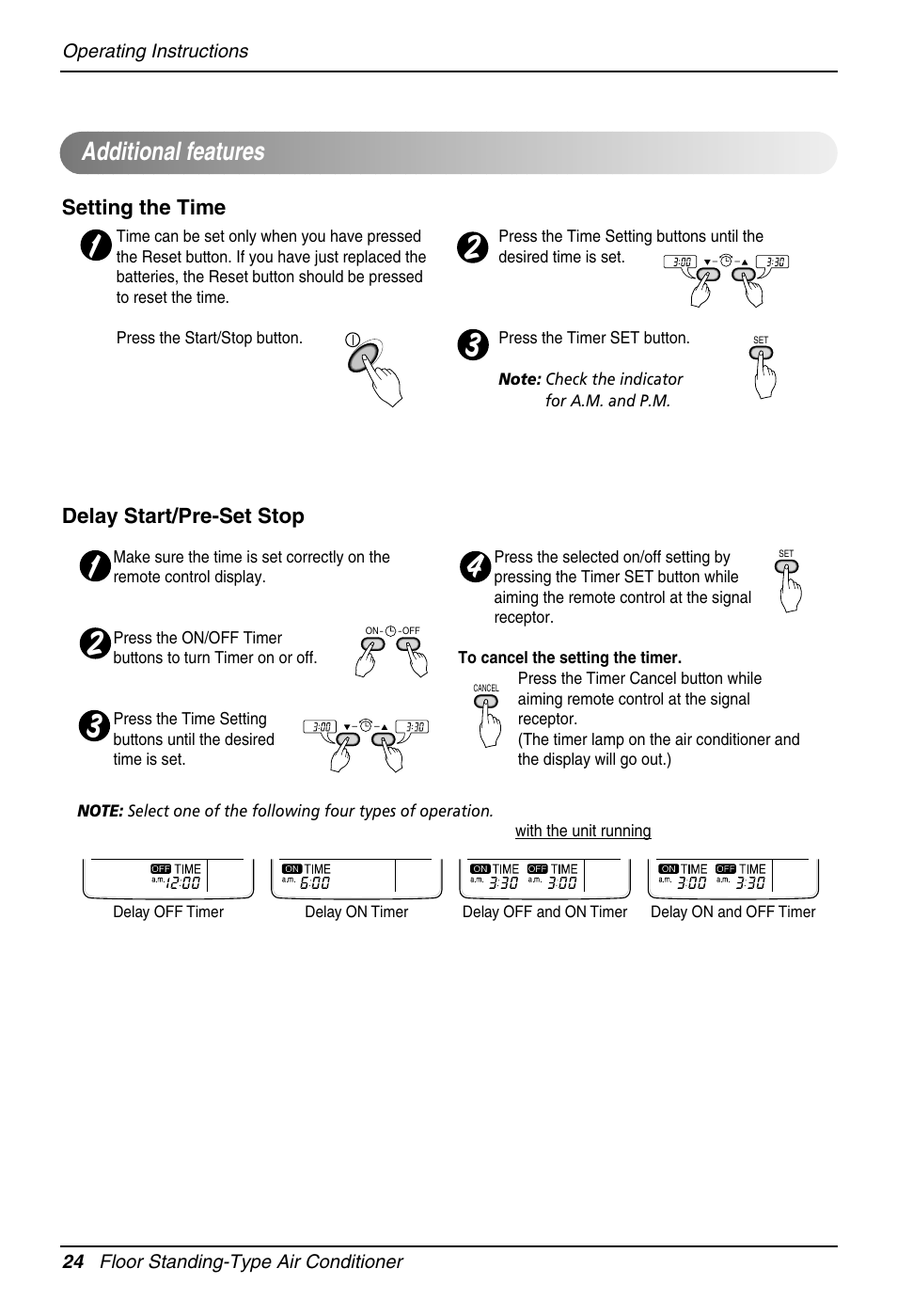 Additional features, Setting the time, Delay start/pre-set stop | LG Floor Standing Type Air Conditioner User Manual | Page 24 / 30