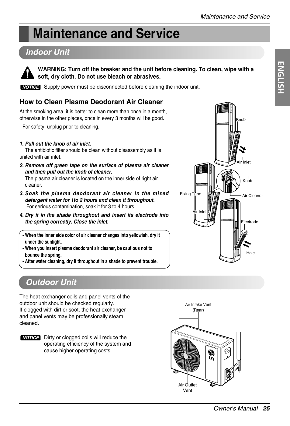Maintenance and service, English, Indoor unit outdoor unit | How to clean plasma deodorant air cleaner | LG Floor Standing Type Air Conditioner User Manual | Page 25 / 30