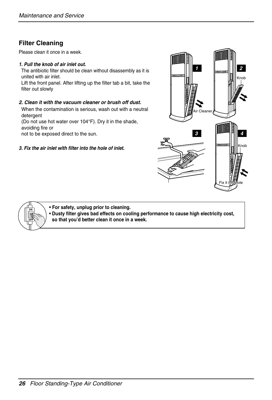 Filter cleaning | LG Floor Standing Type Air Conditioner User Manual | Page 26 / 30