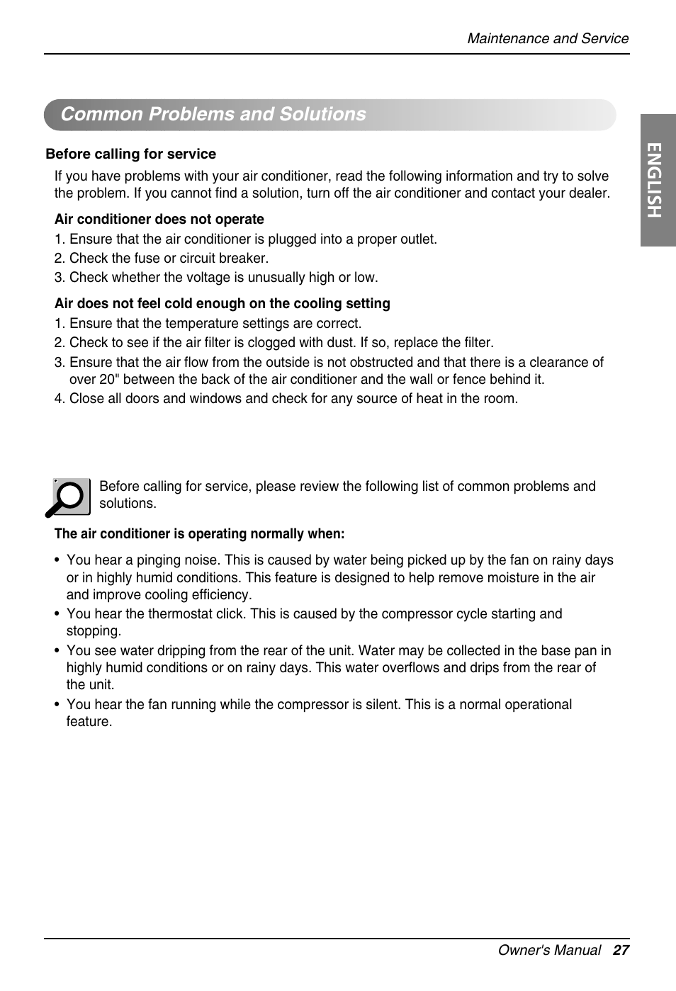 English, Common problems and solutions | LG Floor Standing Type Air Conditioner User Manual | Page 27 / 30