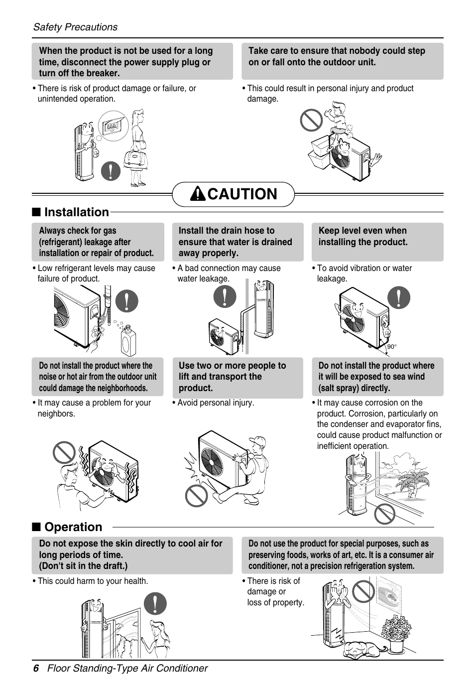 Caution, Installation, Operation | LG Floor Standing Type Air Conditioner User Manual | Page 6 / 30