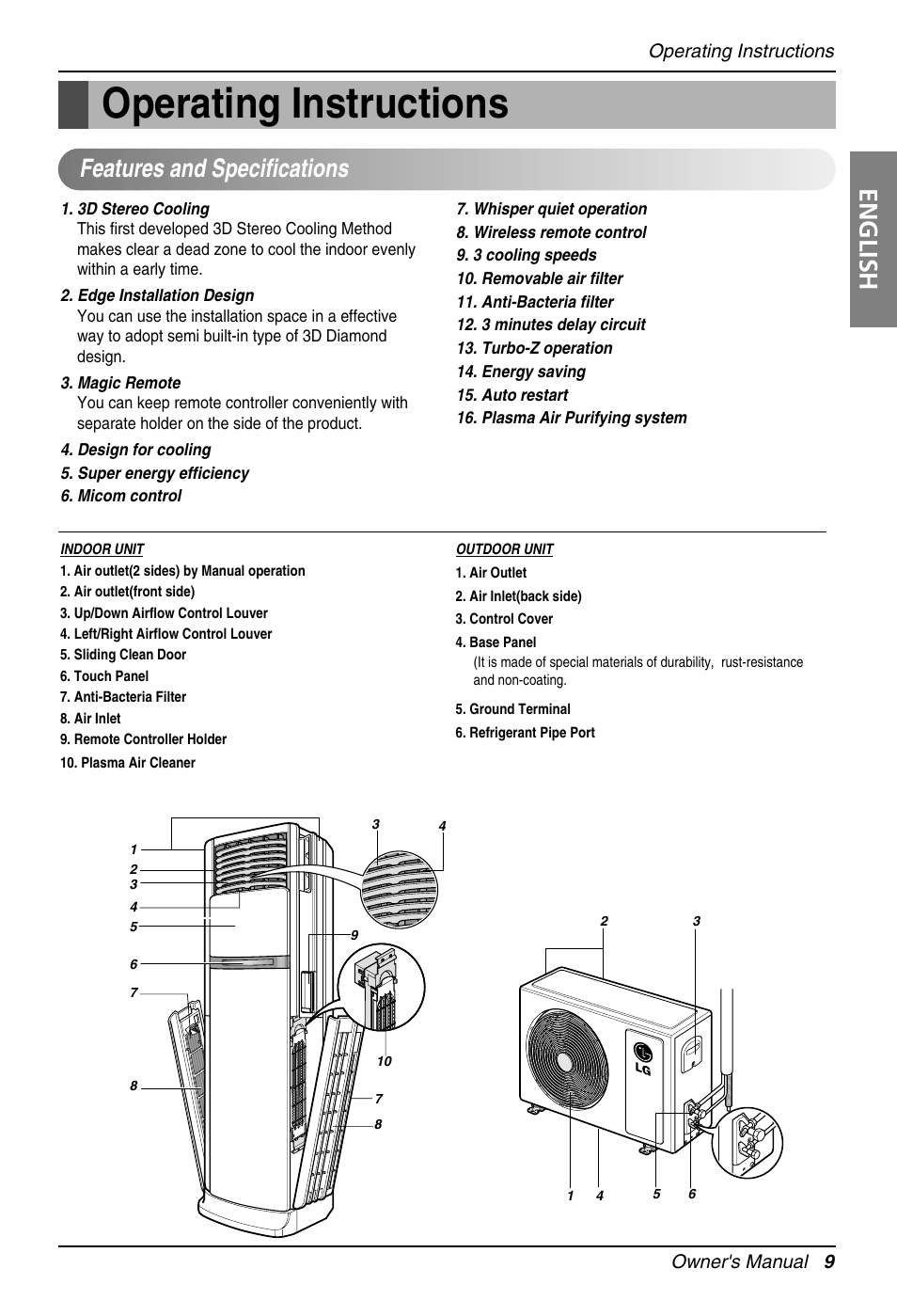 Operating instructions, English, Features and specifications | Operating instructions owner's manual 9 | LG Floor Standing Type Air Conditioner User Manual | Page 9 / 30