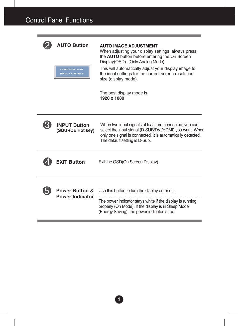 Control panel functions | LG E2290V User Manual | Page 10 / 26