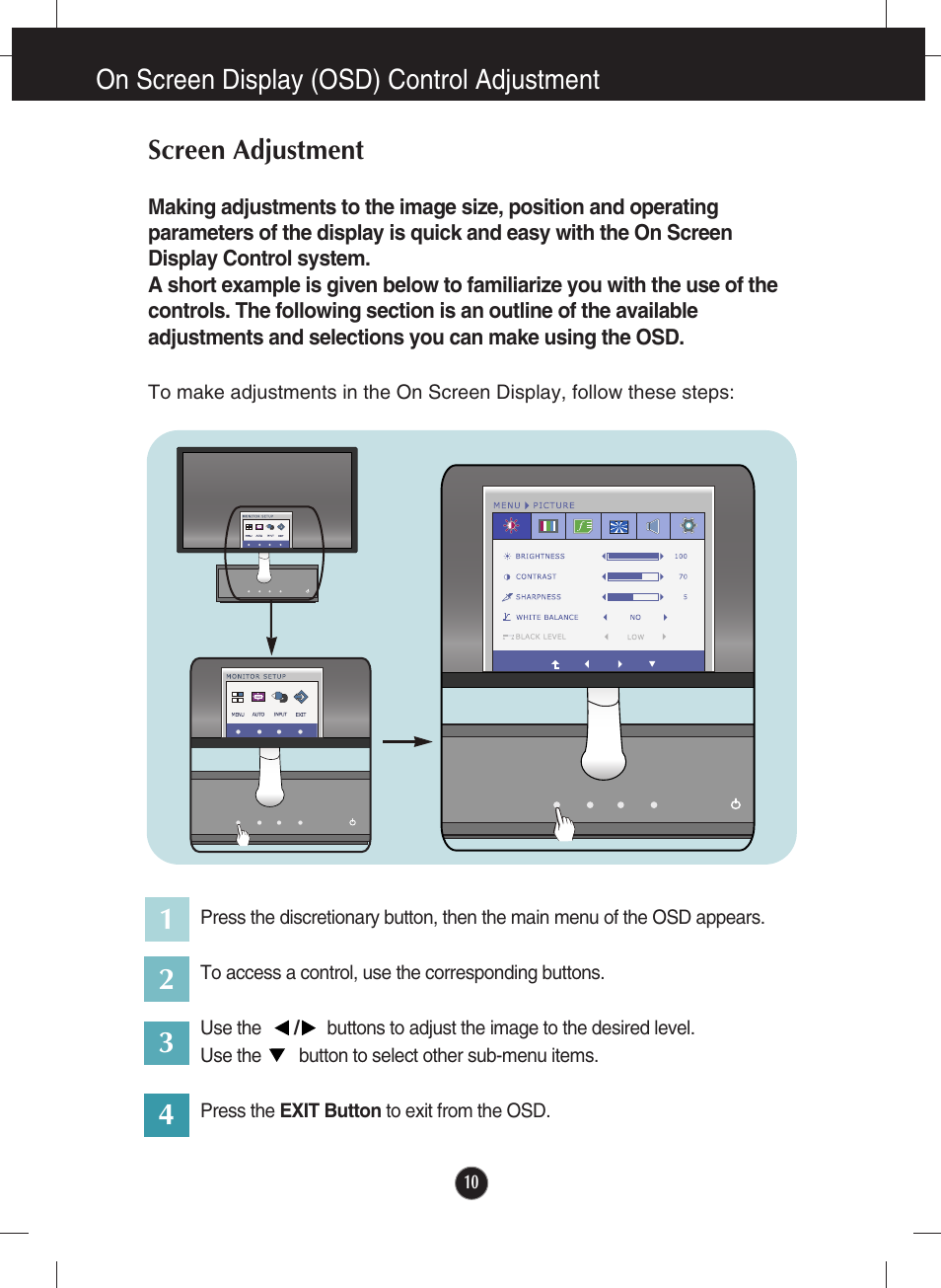 On screen display (osd) control adjustment, Screen adjustment | LG E2290V User Manual | Page 11 / 26