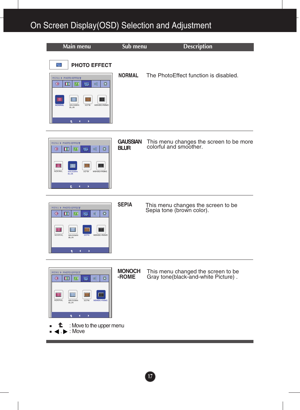 Photo effect, On screen display(osd) selection and adjustment | LG E2290V User Manual | Page 18 / 26