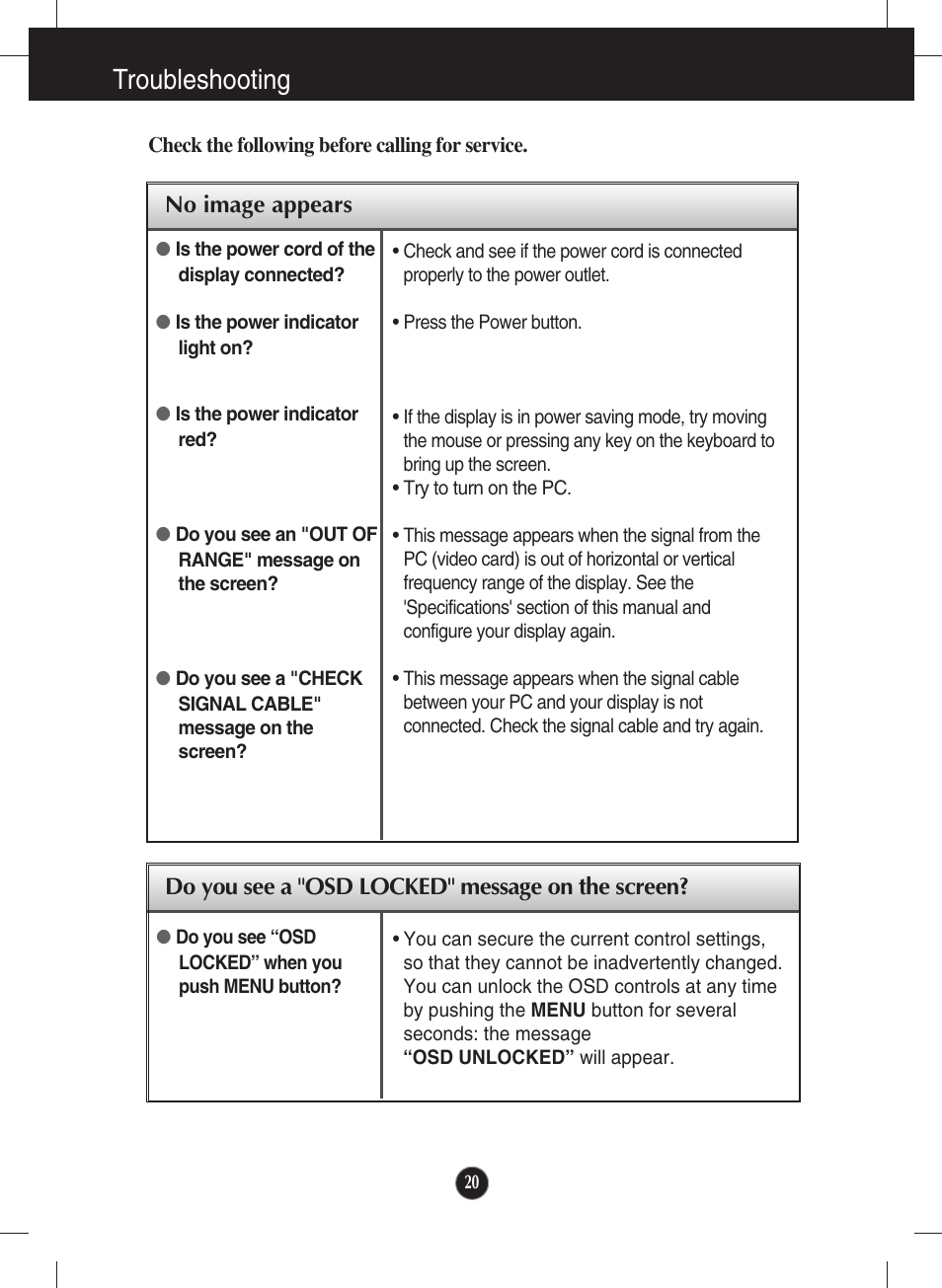 Troubleshooting, No image appears, Do you see a "osd locked" message on the screen | LG E2290V User Manual | Page 21 / 26