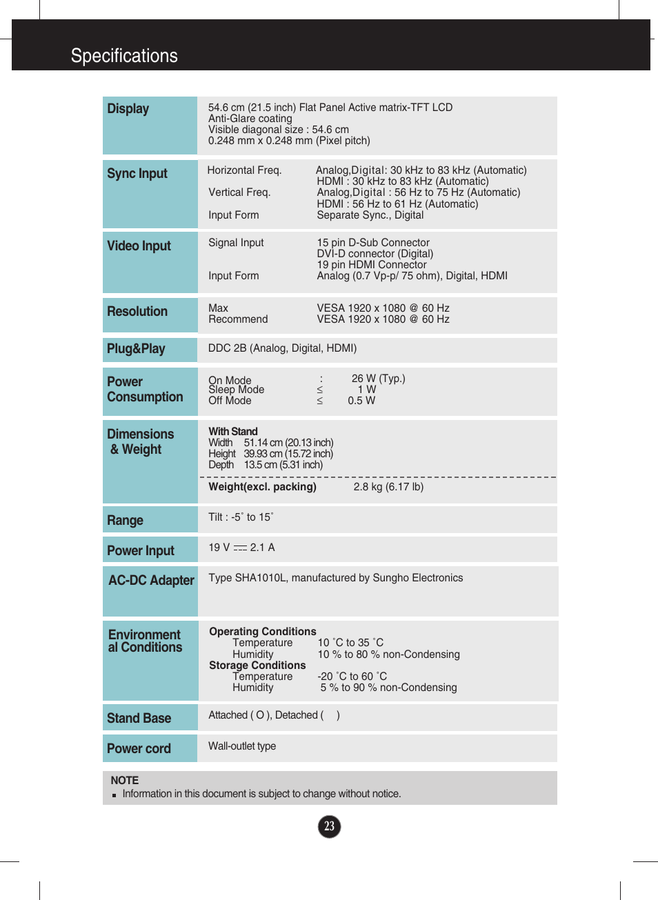 Specifications | LG E2290V User Manual | Page 24 / 26