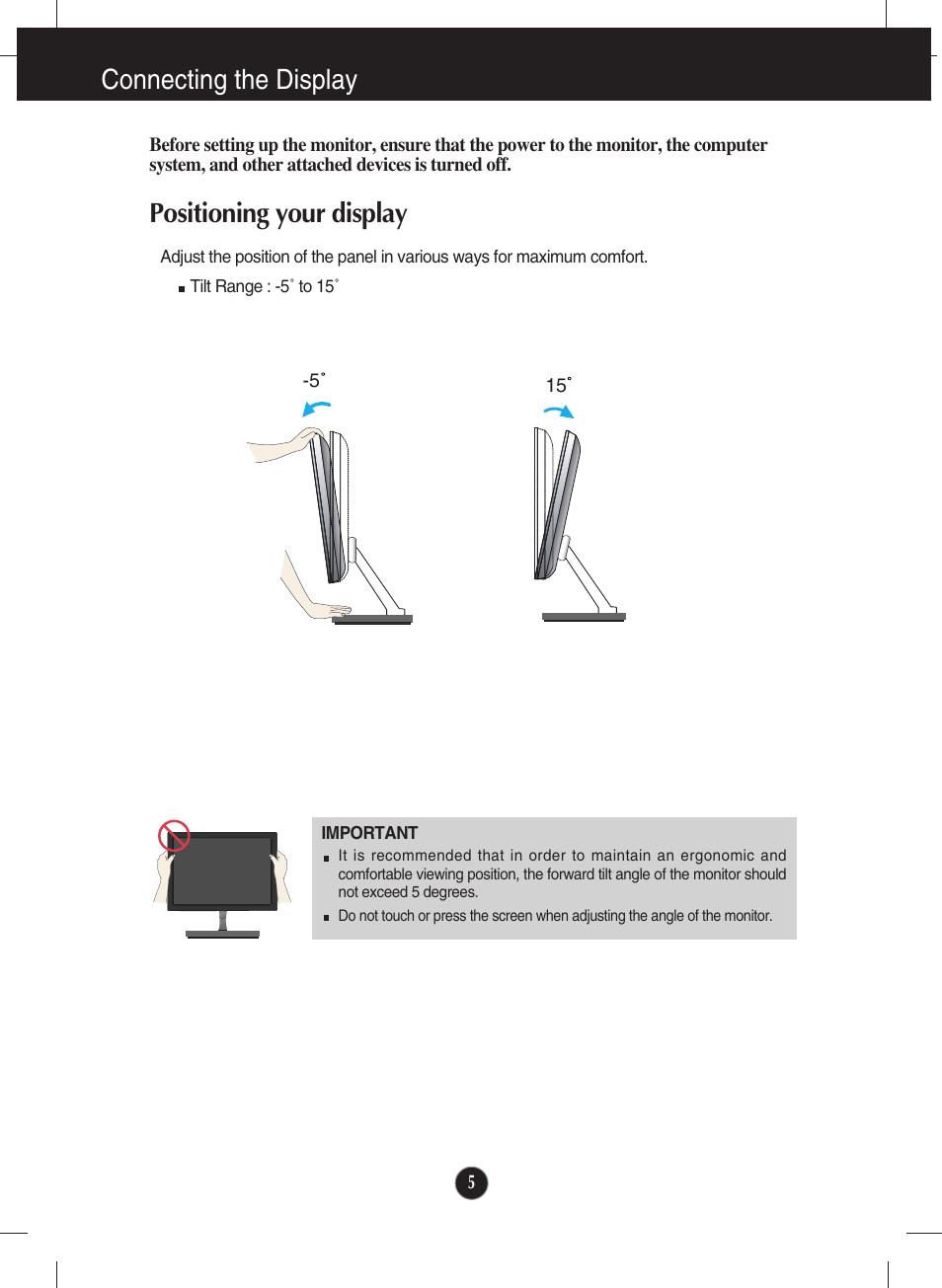 Connecting the display, Positioning your display | LG E2290V User Manual | Page 6 / 26