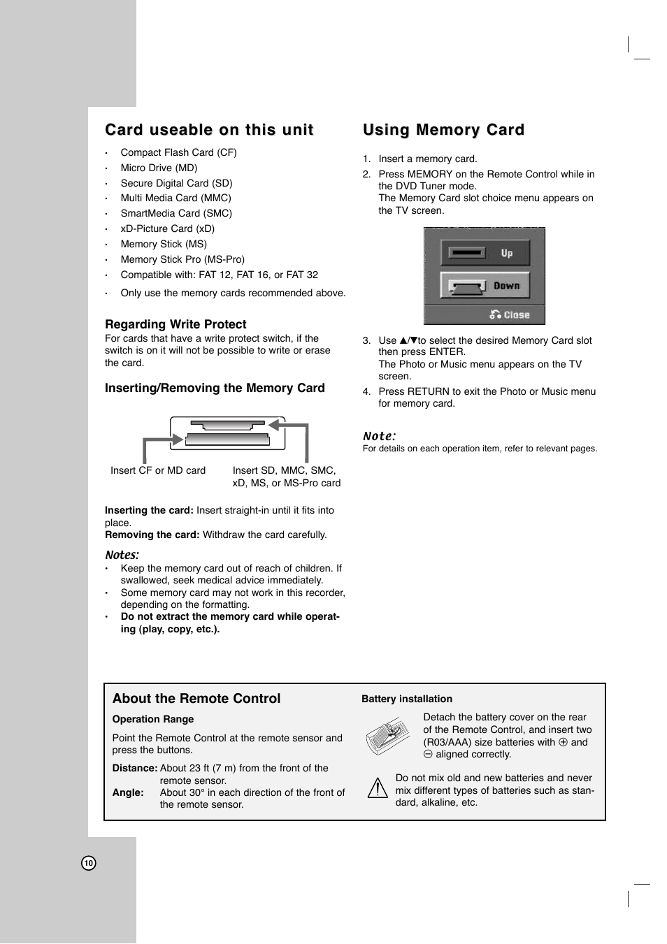 Card useable on this unit, About the remote control | LG LRY-517 User Manual | Page 10 / 62