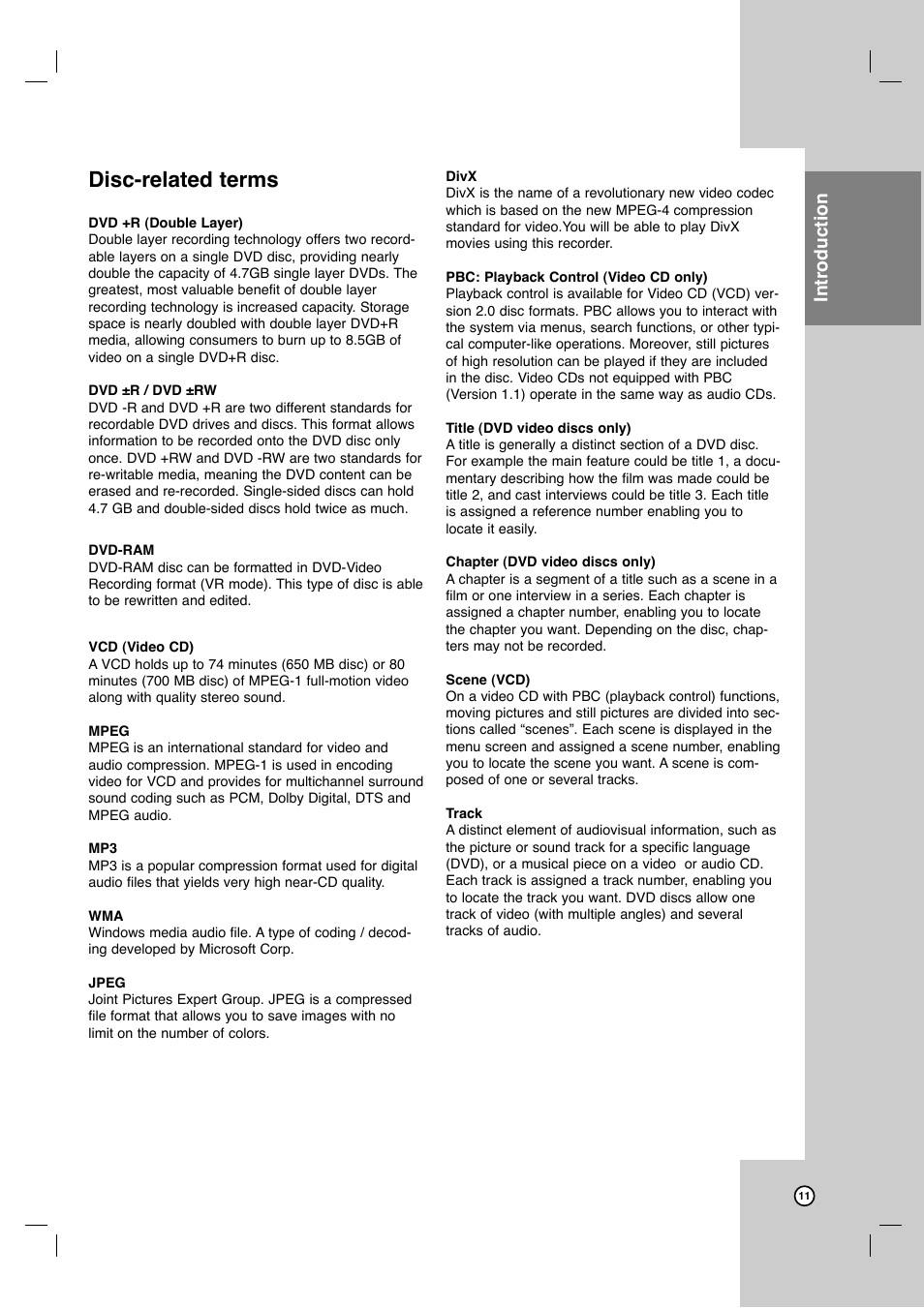 Disc-related terms, Introduction | LG LRY-517 User Manual | Page 11 / 62
