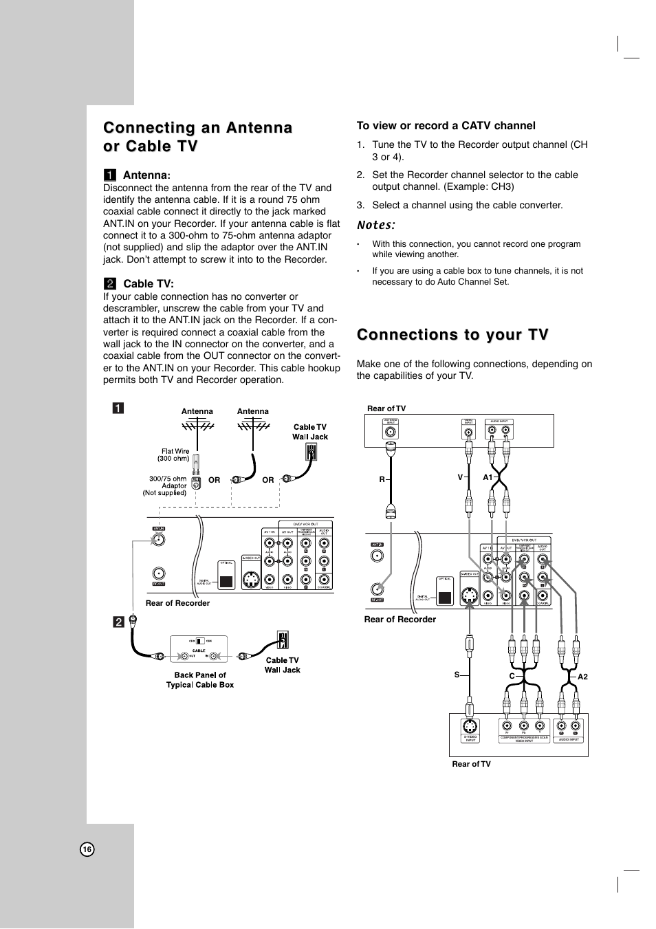 Connecting an, Connections to your tv, Aa antenna | Bb cable tv | LG LRY-517 User Manual | Page 16 / 62