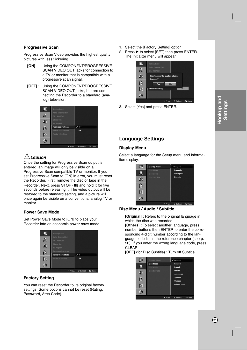 Language settings, Hookup and settings | LG LRY-517 User Manual | Page 21 / 62