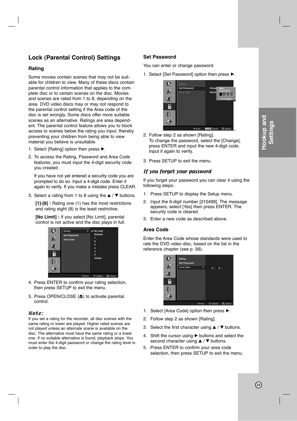 Lock (parental control) settings, Hookup and settings | LG LRY-517 User Manual | Page 23 / 62
