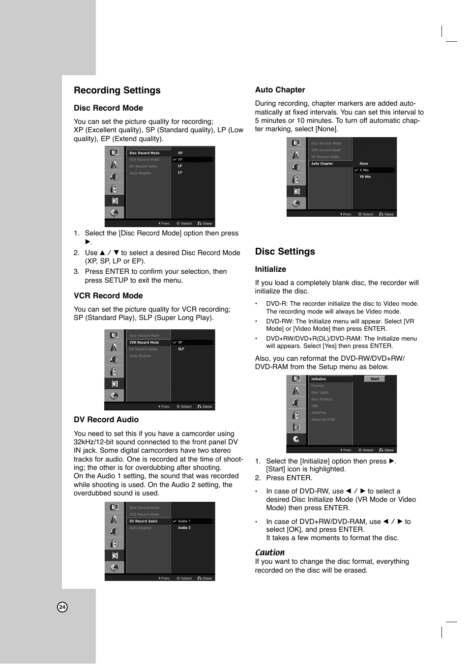 Recording settings, Disc settings | LG LRY-517 User Manual | Page 24 / 62