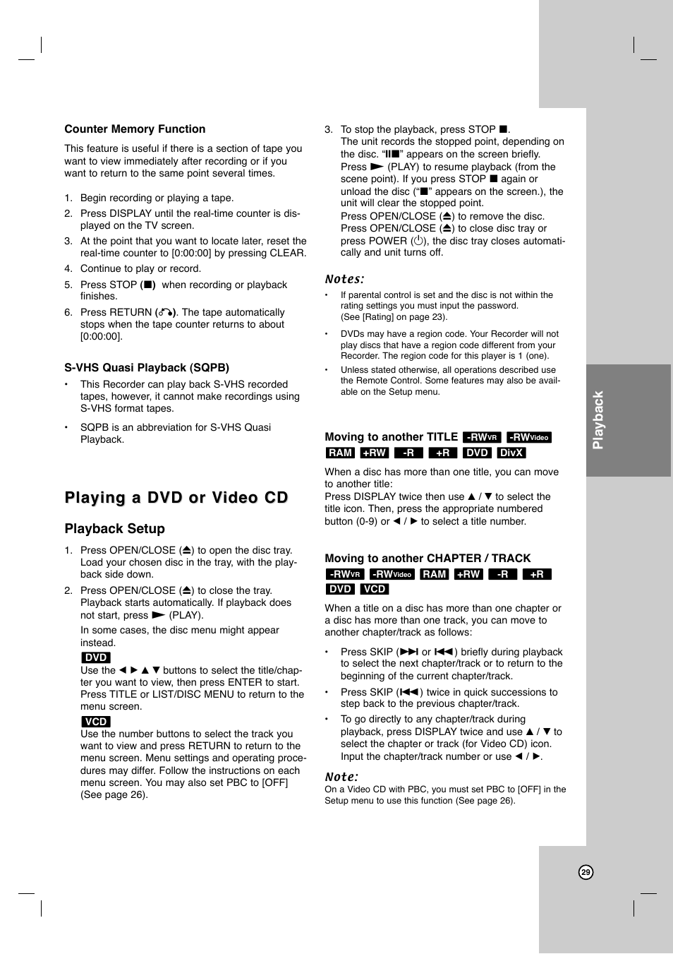 Playing a dvd or v, Playing a dvd or v ideo cd ideo cd, Playback setup | Playback | LG LRY-517 User Manual | Page 29 / 62