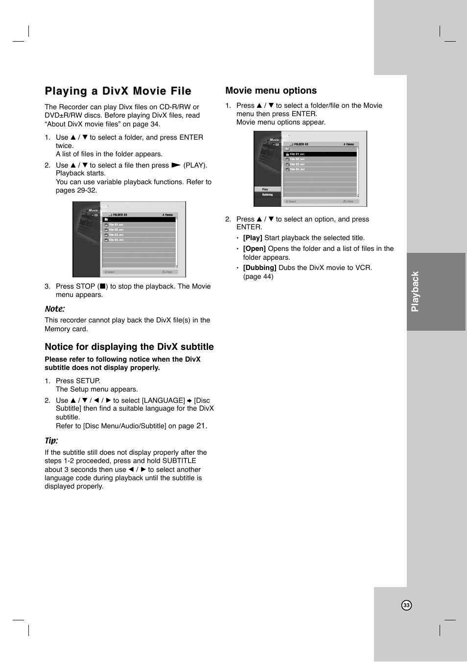 Playing a divx movie file, Notice for displaying the divx subtitle, Movie menu options | Playback | LG LRY-517 User Manual | Page 33 / 62