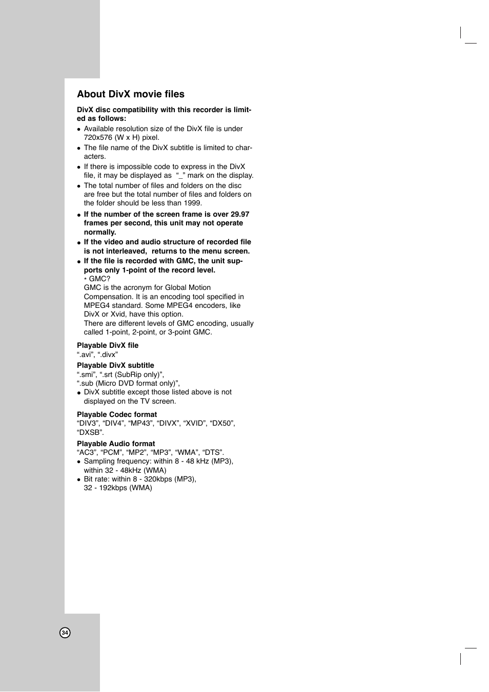 About divx movie files | LG LRY-517 User Manual | Page 34 / 62