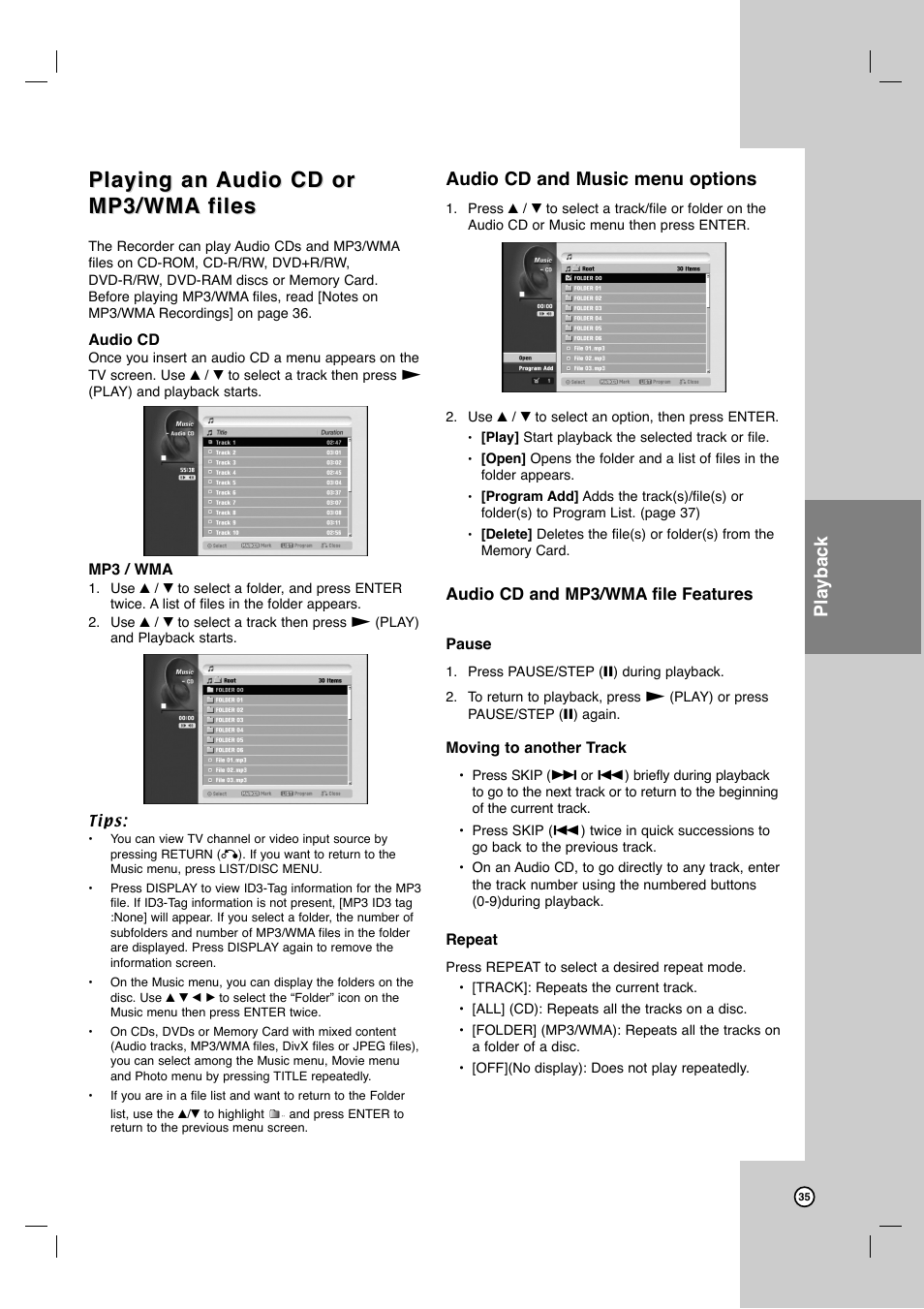 Playing an, Audio cd and music menu options, Playback | LG LRY-517 User Manual | Page 35 / 62