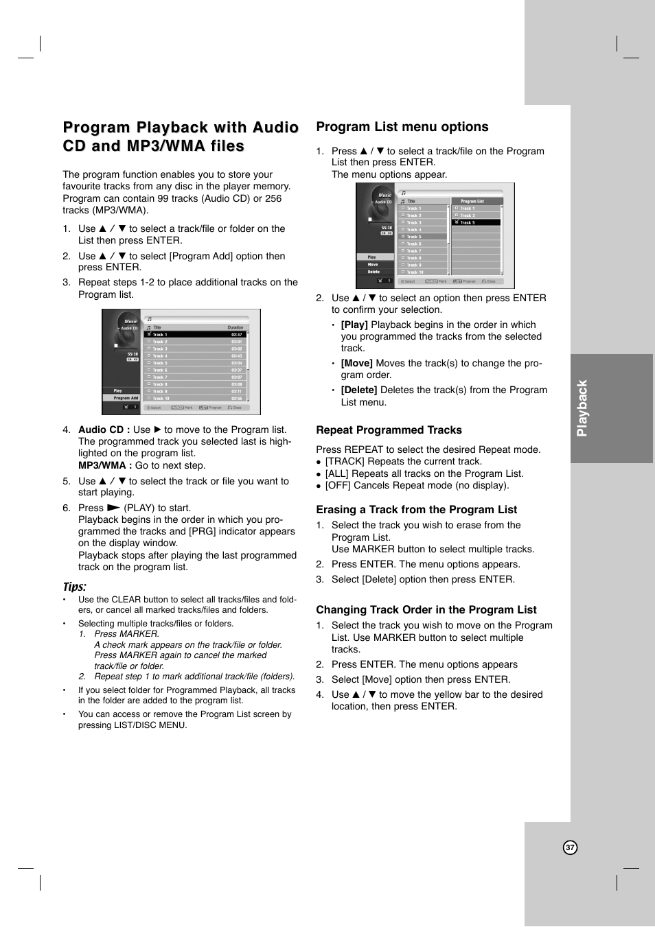 Program playback with, Program list menu options, Playback | LG LRY-517 User Manual | Page 37 / 62