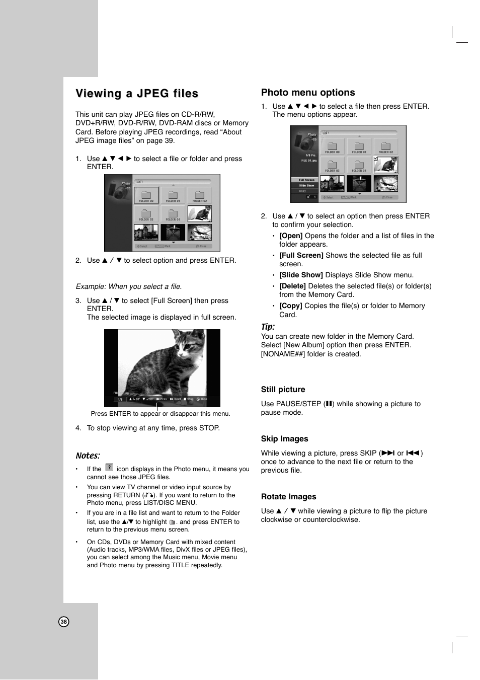 Viewing a jpeg files iewing a jpeg files, Photo menu options | LG LRY-517 User Manual | Page 38 / 62