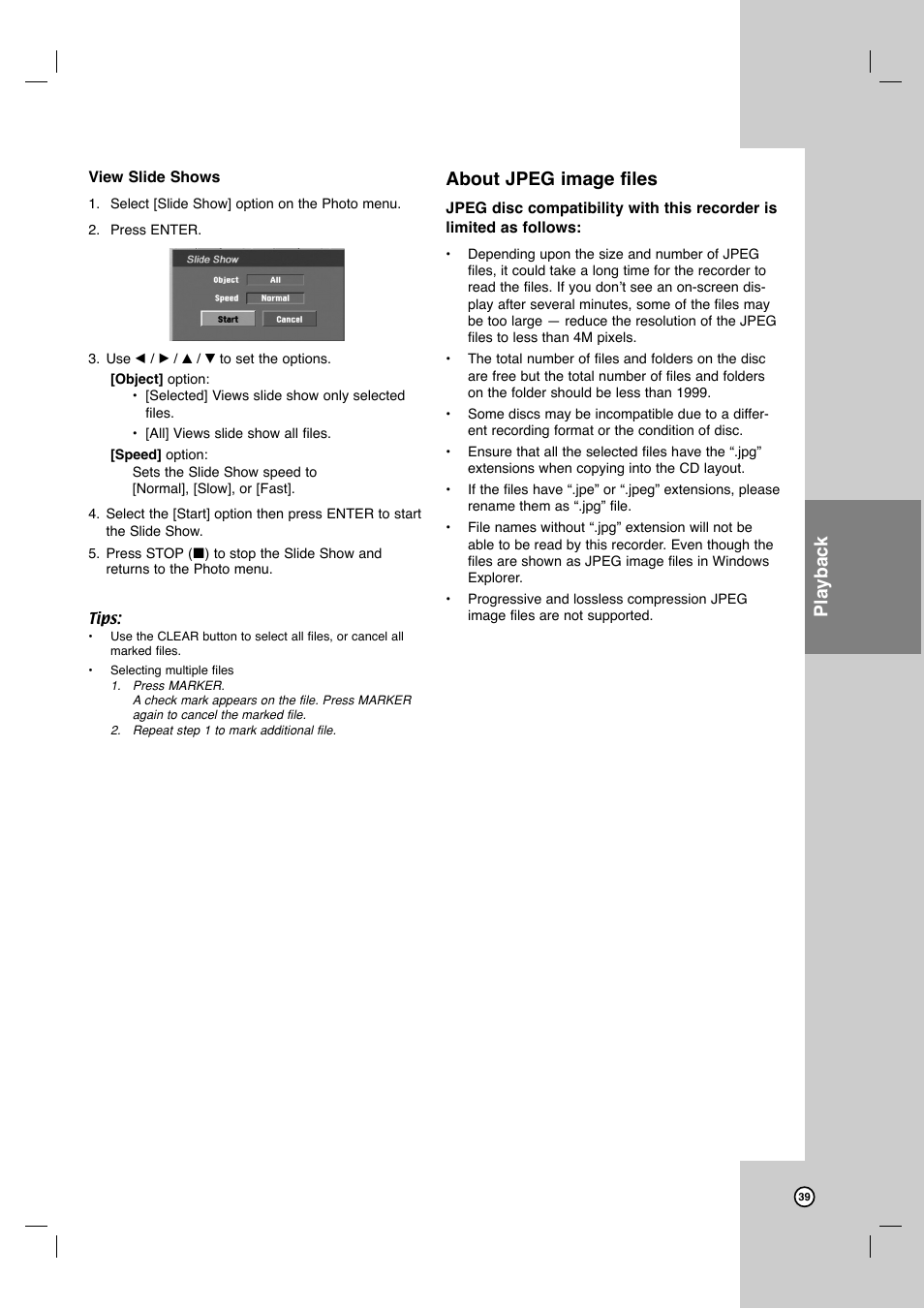 About jpeg image files, Playback | LG LRY-517 User Manual | Page 39 / 62
