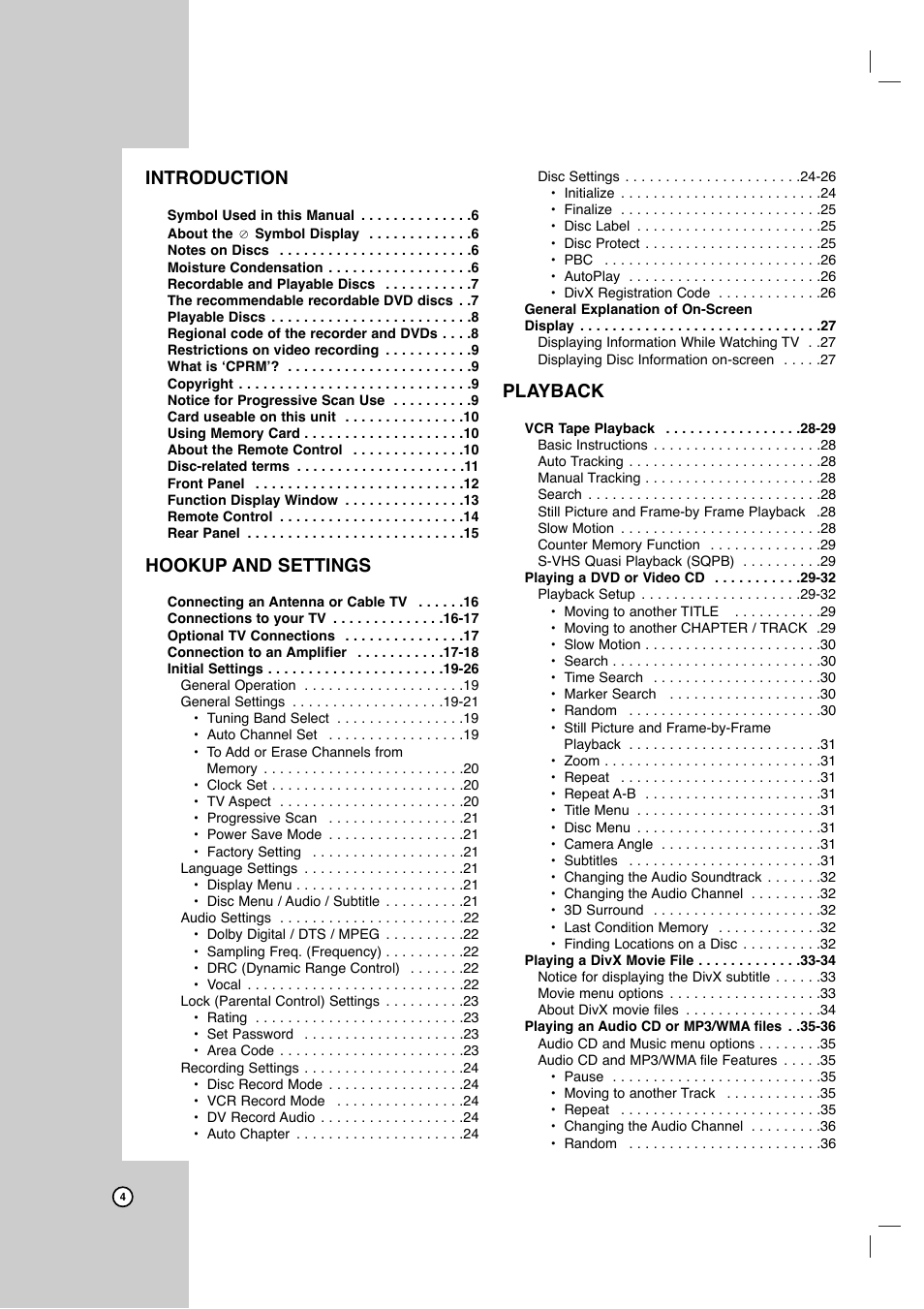 Introduction, Hookup and settings, Playback | LG LRY-517 User Manual | Page 4 / 62