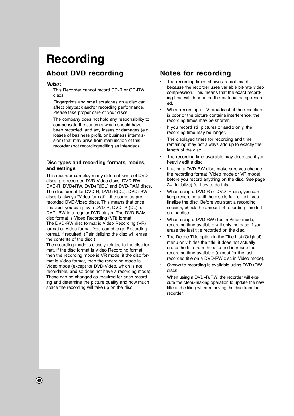 Recording, About dvd recording | LG LRY-517 User Manual | Page 40 / 62