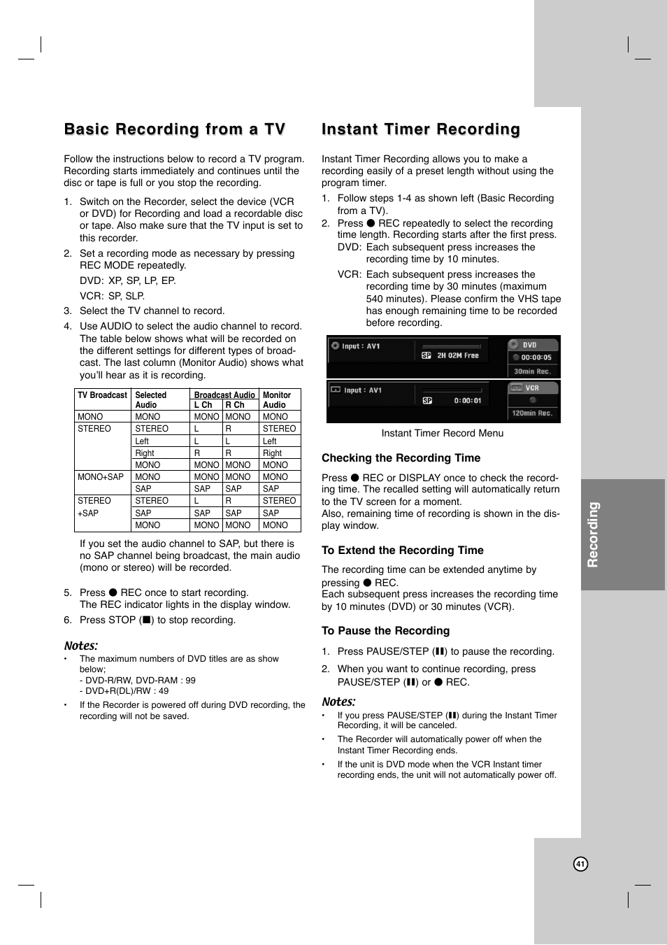 Basic recording from a tv, Instant t, Instant t imer recording imer recording | Recording | LG LRY-517 User Manual | Page 41 / 62