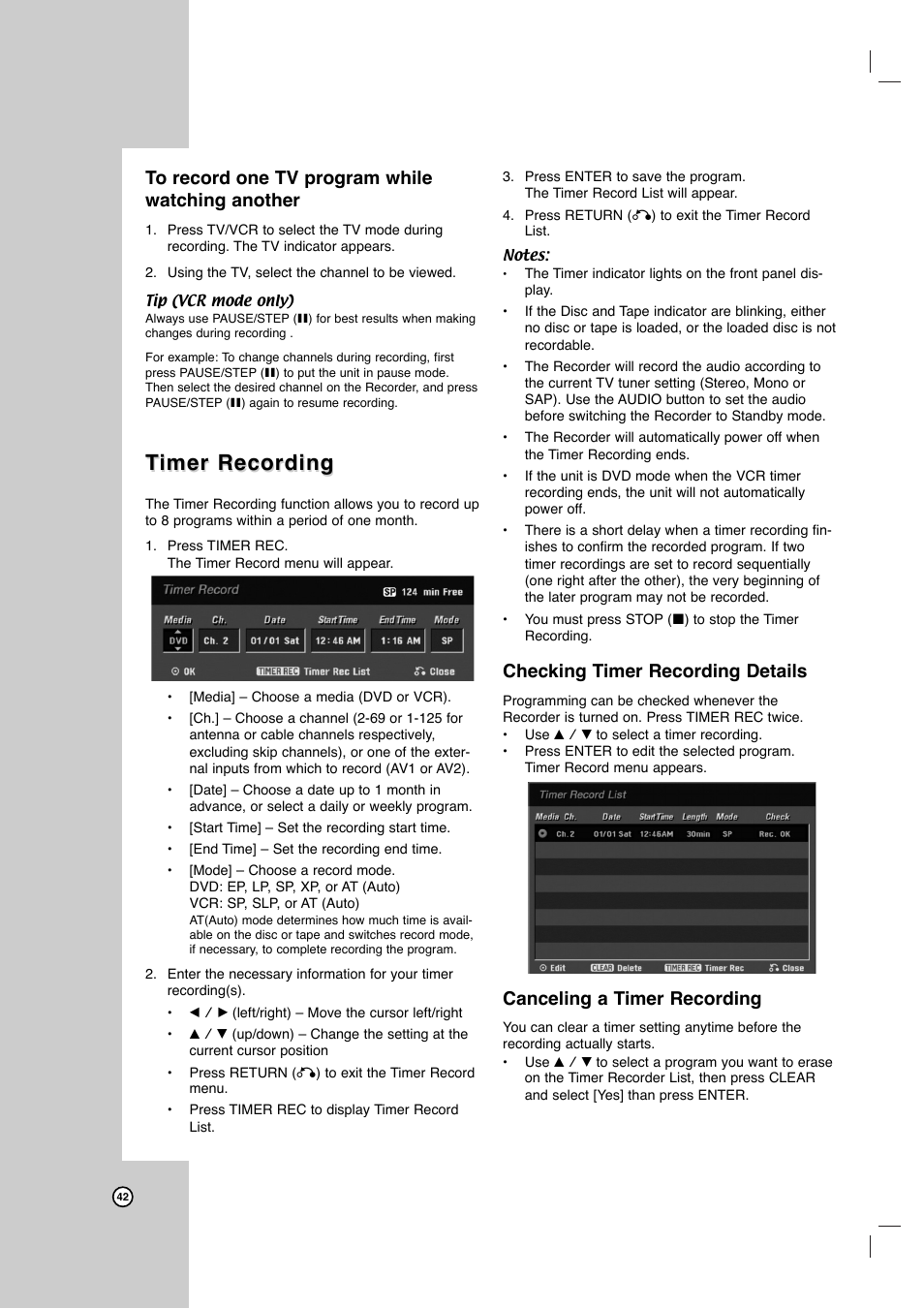 Timer recording imer recording, Checking timer recording details, Canceling a timer recording | LG LRY-517 User Manual | Page 42 / 62