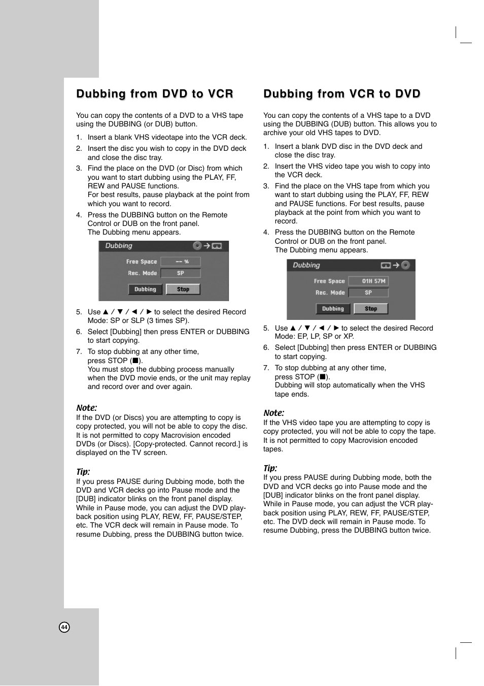 Dubbing from dvd to vcr, Dubbing from vcr to dvd | LG LRY-517 User Manual | Page 44 / 62