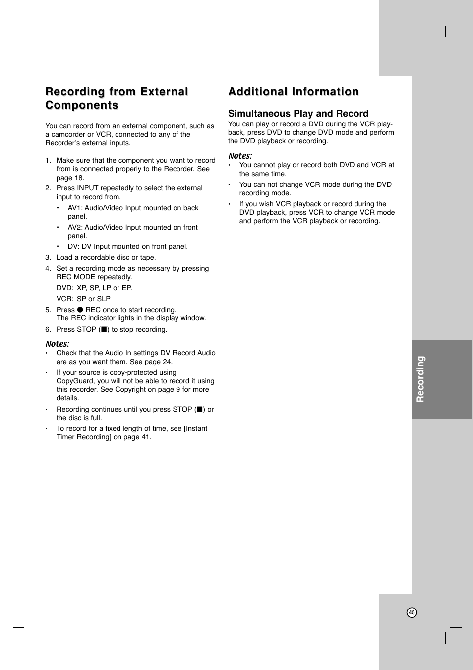 Recording from external, Recording from external components components, Additional information | Recording, Simultaneous play and record | LG LRY-517 User Manual | Page 45 / 62