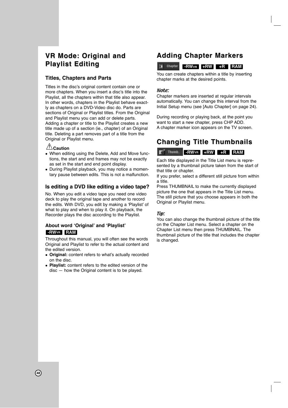 Vr mode: original and, Adding chapter markers, Changing t | Changing t itle thumbnails itle thumbnails | LG LRY-517 User Manual | Page 48 / 62