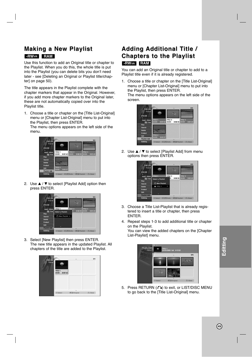 Making a new playlist, Adding | LG LRY-517 User Manual | Page 49 / 62