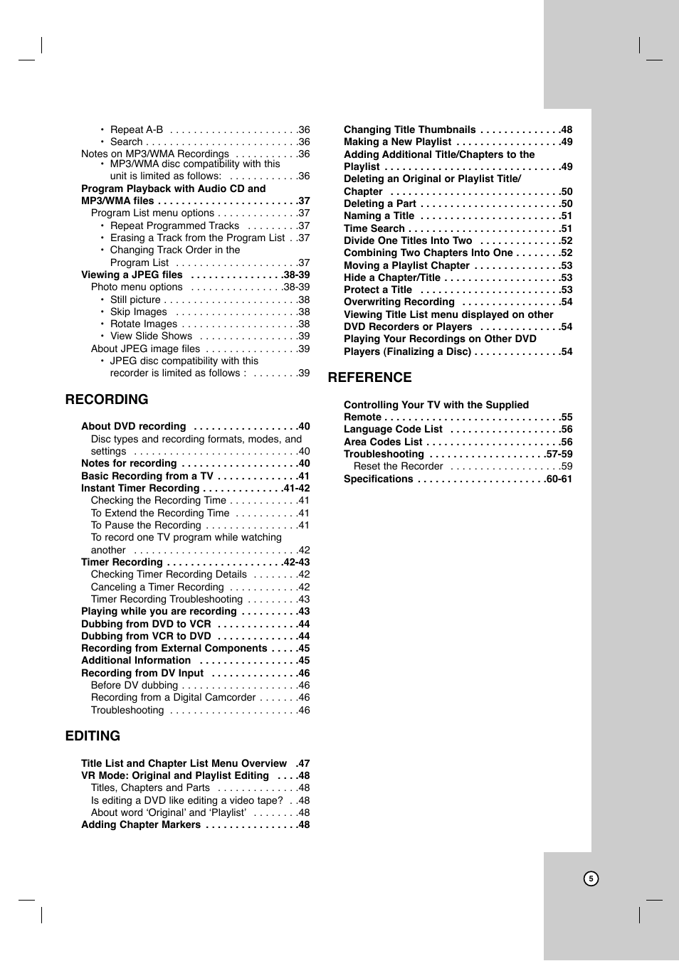 Dubbing, Recording, Editing | Reference | LG LRY-517 User Manual | Page 5 / 62