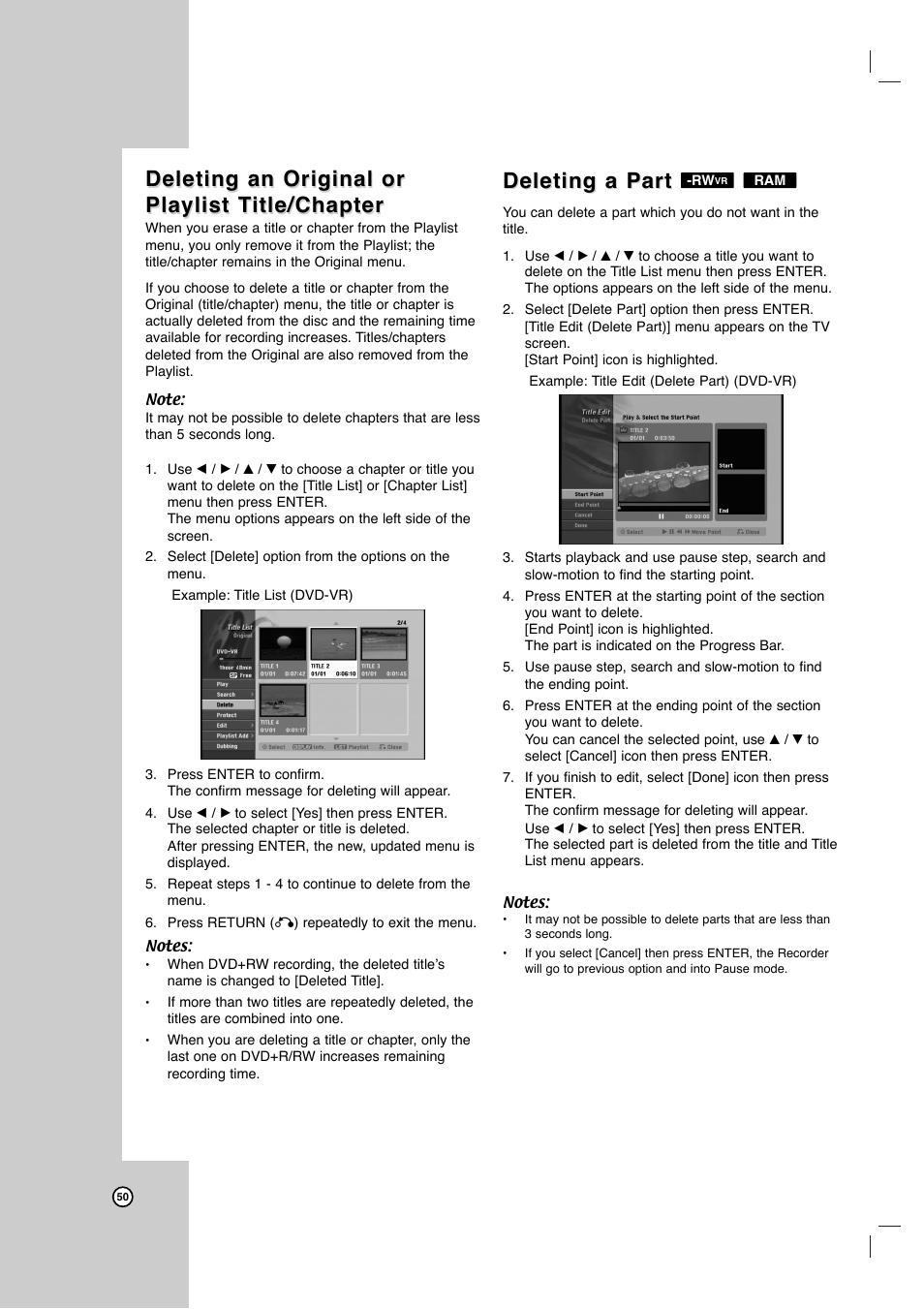 Deleting an original or, Deleting a part | LG LRY-517 User Manual | Page 50 / 62