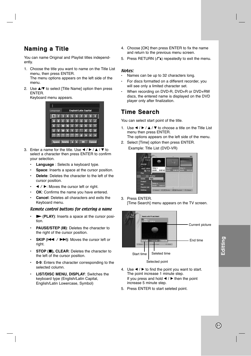 Naming a t, Naming a t itle itle, Time search ime search | Editting | LG LRY-517 User Manual | Page 51 / 62
