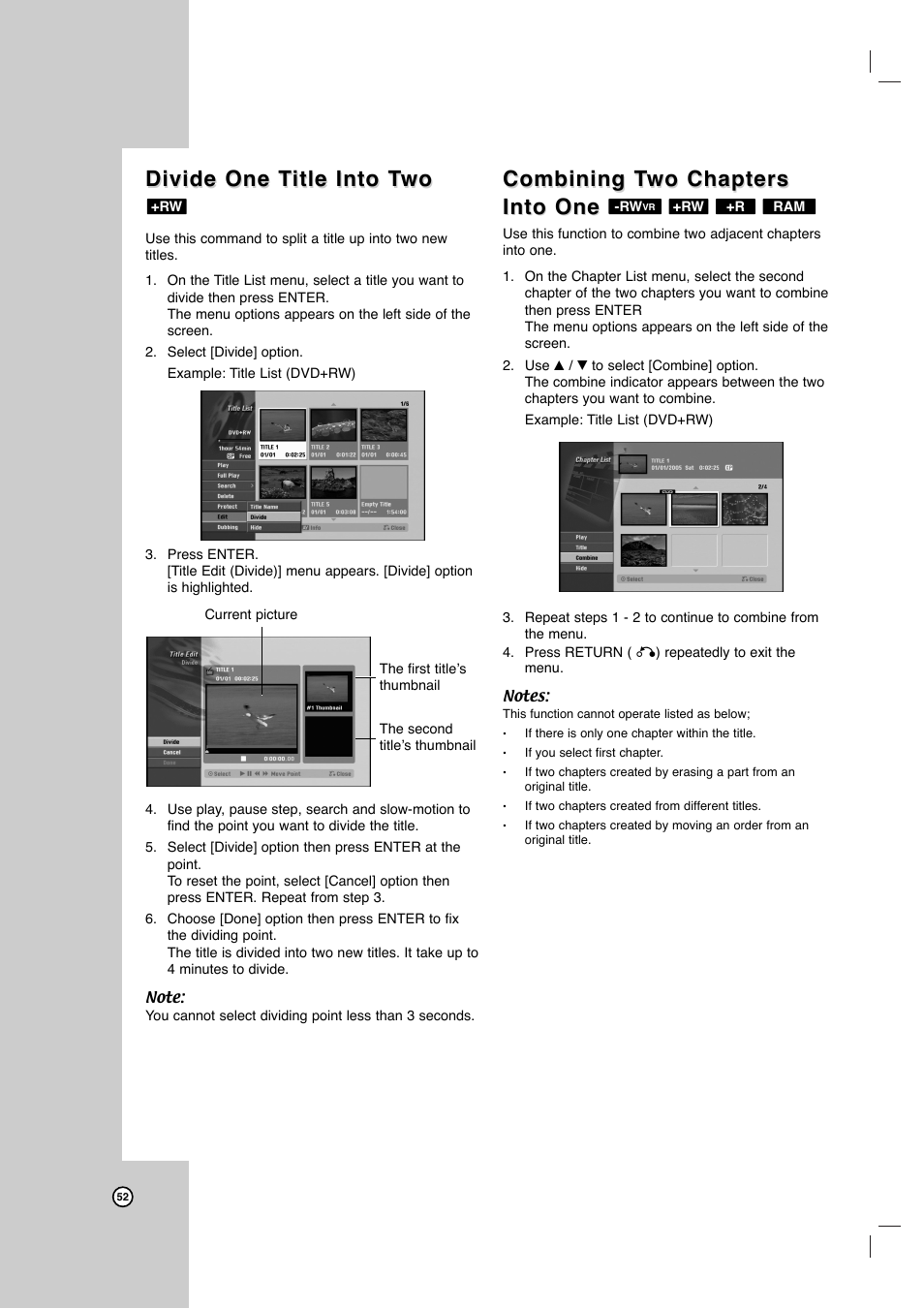 Divide one t, Divide one t itle into t itle into t wo wo, Combining t | LG LRY-517 User Manual | Page 52 / 62