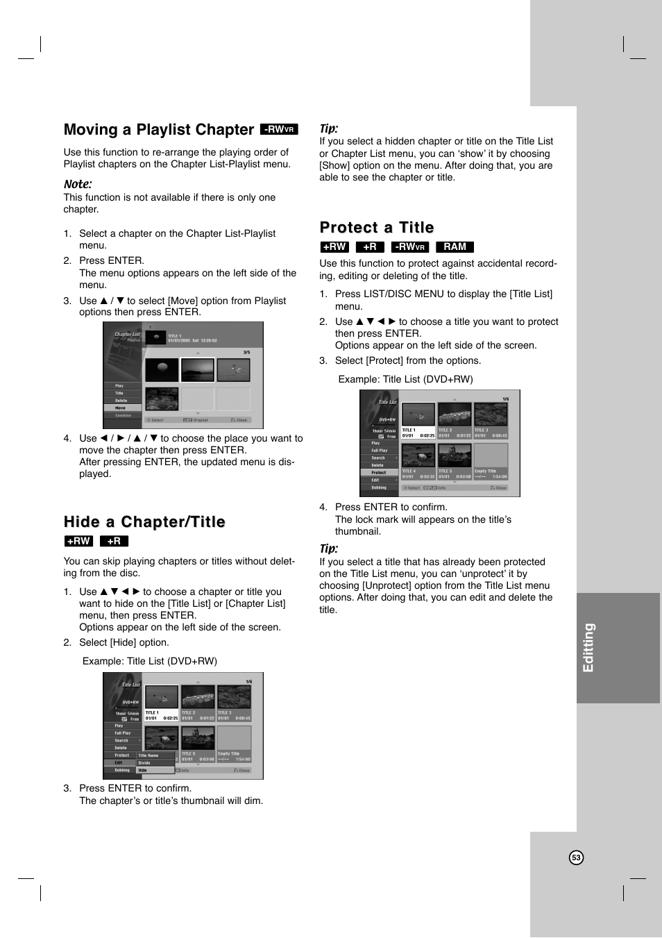 Moving a playlist chapter, Hide a chapter/t, Hide a chapter/t itle itle | Protect a t, Protect a t itle itle, Editting | LG LRY-517 User Manual | Page 53 / 62