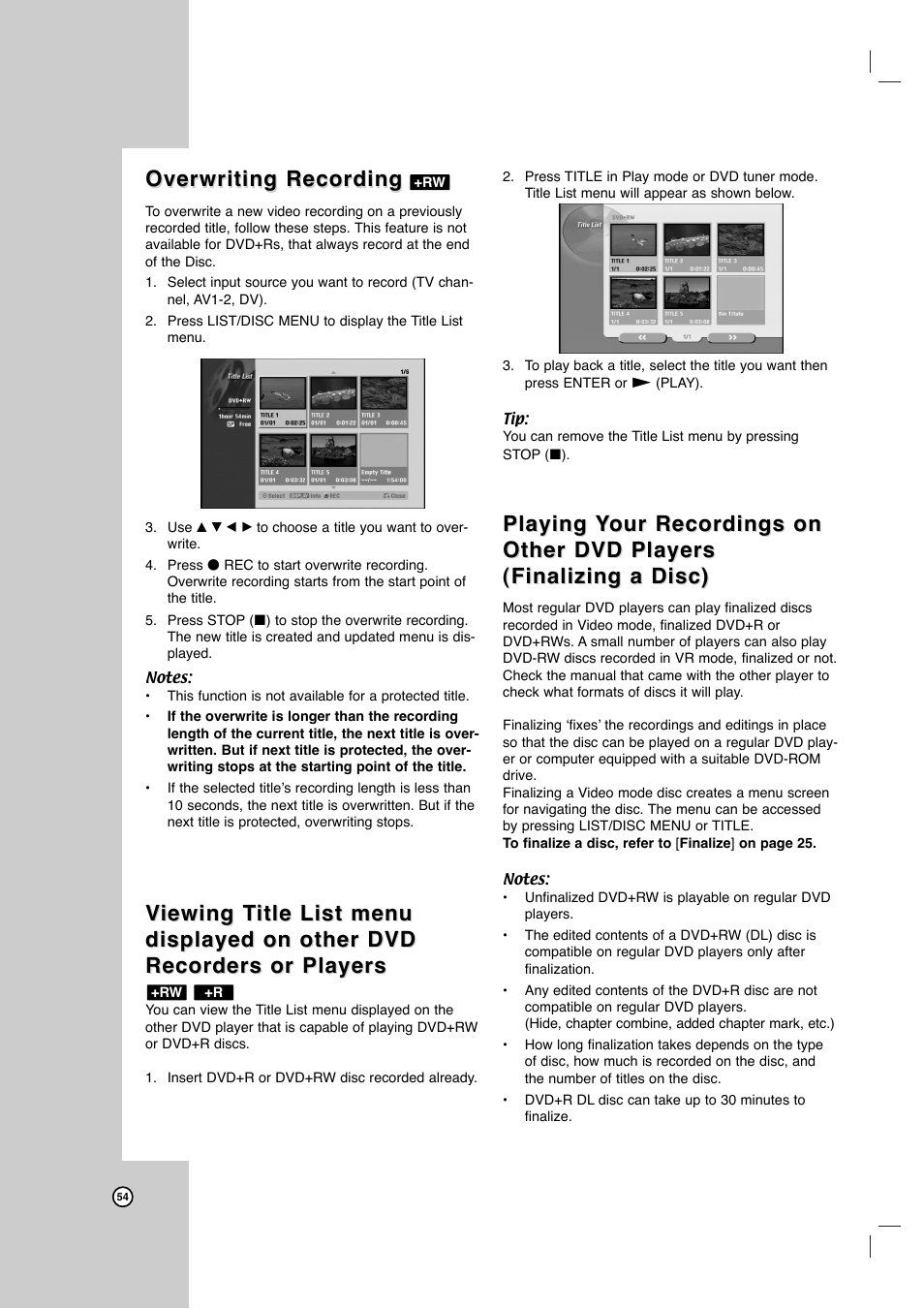 Overwriting recording, Playing | LG LRY-517 User Manual | Page 54 / 62